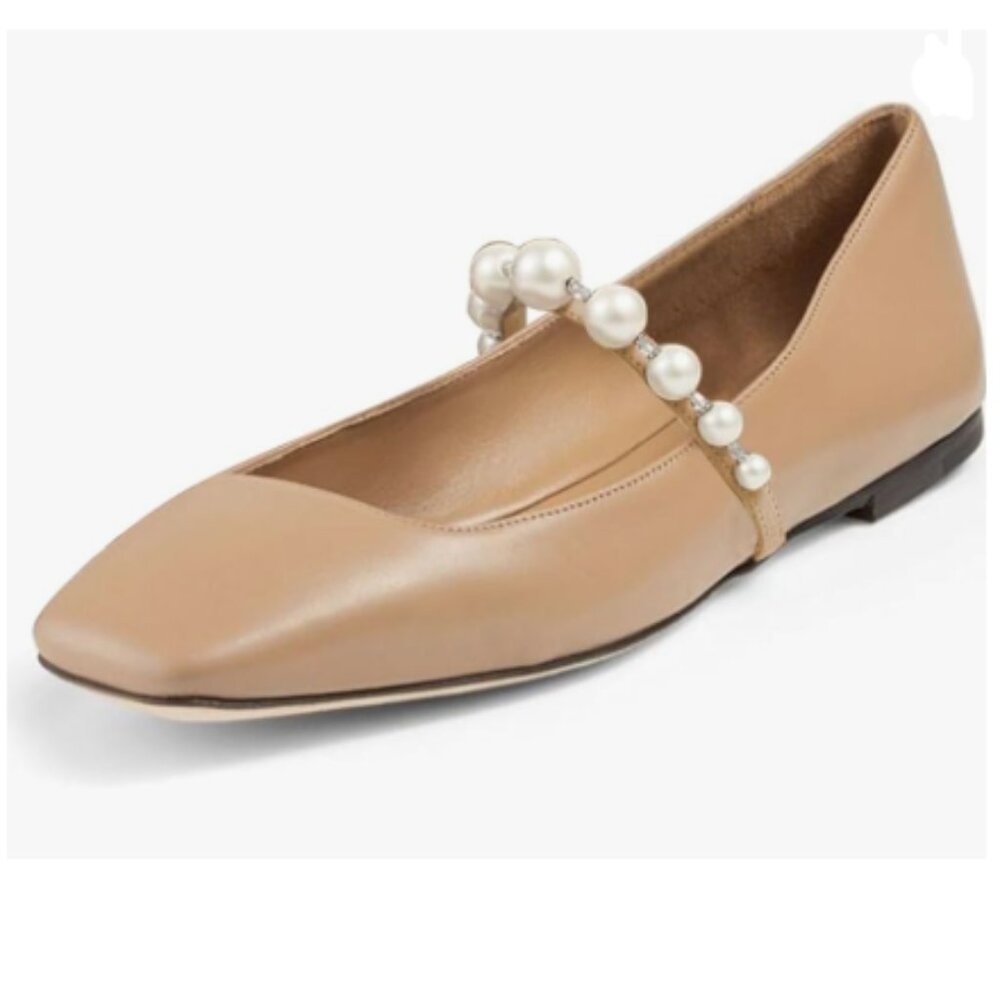 FOWT Brown Square Toe Slip on Flats Pearl Studded Strap Elegant Wedding Pumps